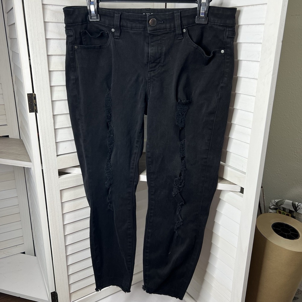 A.N.A Women's Skinny Ankle Cropped‎ Stretch Jeans Distressed Raw Hem Black Sz 10